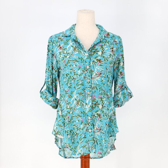 FINLEY Agetha Kyoto Floral-Print Ruffle Button-Front Shirt Blue Green Size XS - Picture 7 of 9